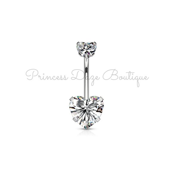 Silver Double Heart Zircon‎ Belly Button Ring - Picture 1 of 1